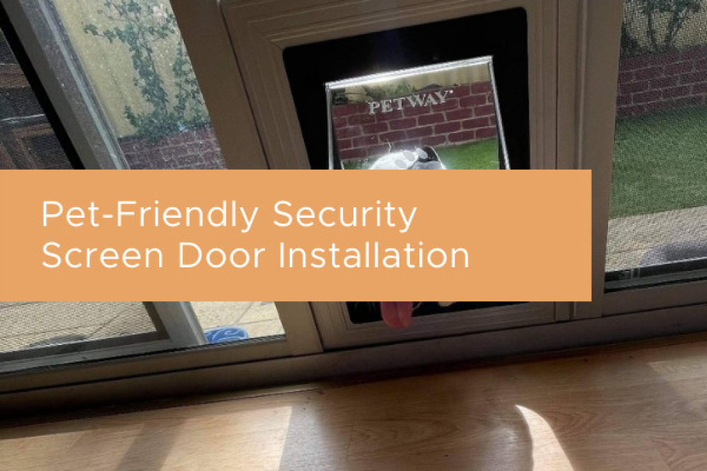 pet-friendly security screen door with orange banner