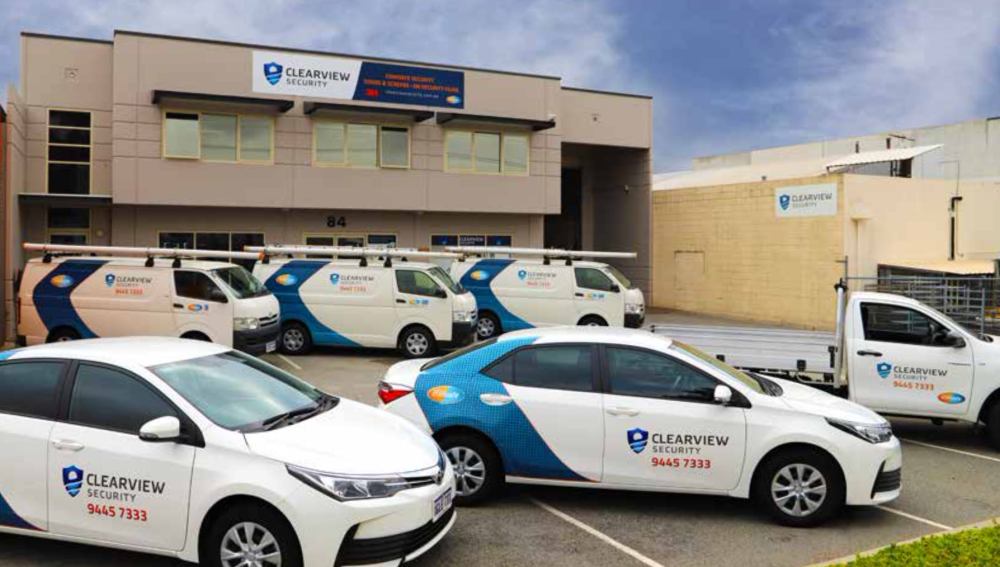 Clearview Security office with service vehicles